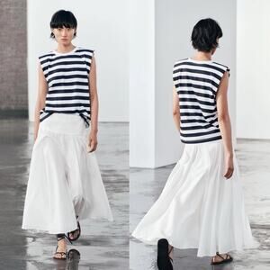 Zara Cotton Striped Shoulder Pad Top T-Shirt